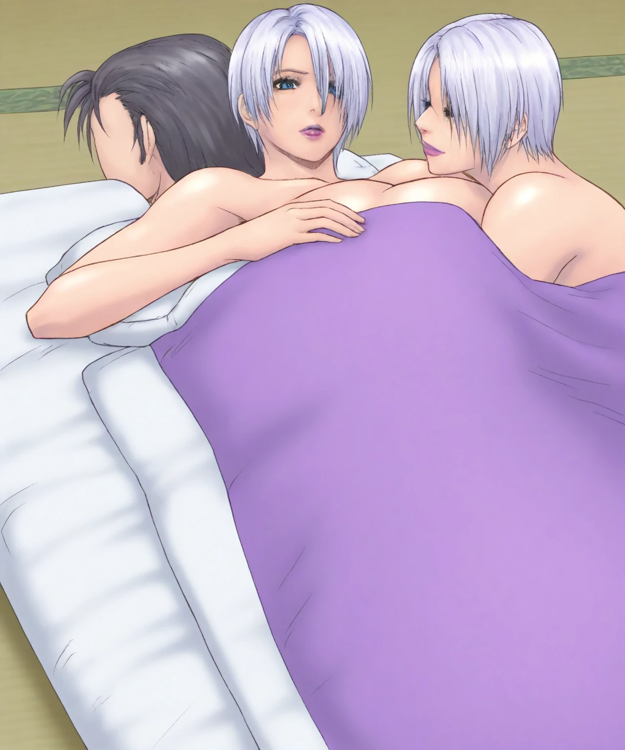 カーテンに人Shadowが映る、silhouette、Ultra-detailed illustrations、Ultra-precise expression、masterpiece、Highest quality、ultra High resolution、High resolution、Hiromitsu Takeda Style、White background、Simple Background、Mash Kyrielight、light purple hair,short hair,hair over one eyes、Hide with curtains、Shadow、sex、Only your face can be seen through the curtains、Blonde Male、brown skin man、Completely naked、ahegao、