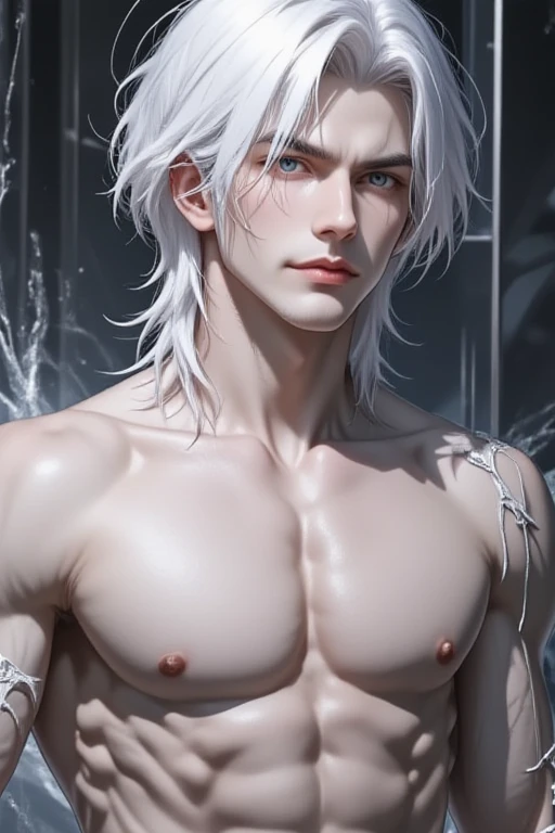 (((masterpiece))), (((Highest quality))), ((Super detailed)), (Highly detailed CG illustrations), ((Very delicate and beautiful)), Cinematic Light,((1 person)), alone, (Upper Body), (Character Focus), Absurd, High Contrast, Very detailed, colorful, Most detailed, sf, (Light blue hair), blue eyes, Six Pack Abs, Broad bear , , 