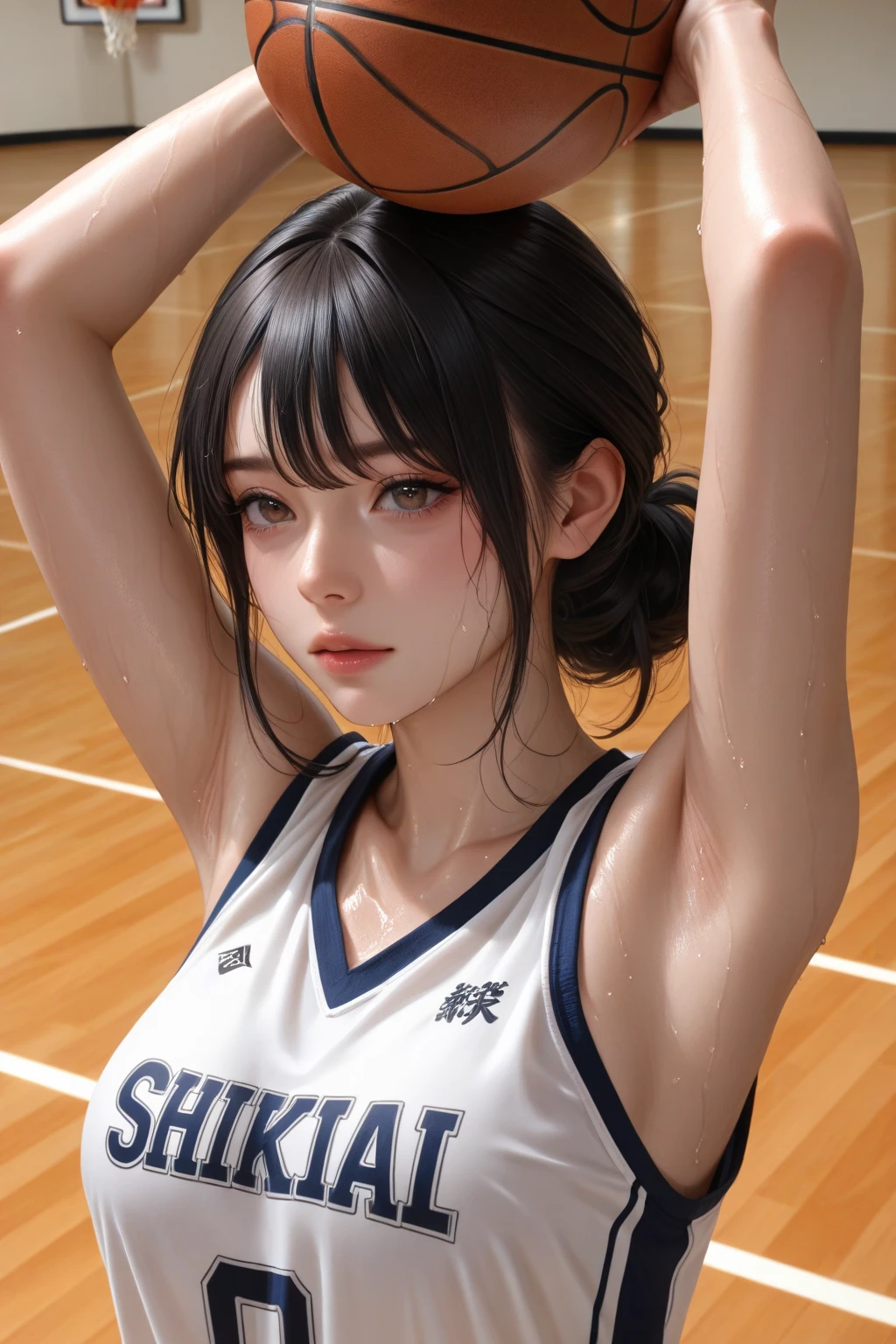 (masterpiece,highest quality,超A high resolution),japanese woman, (((Very beautiful 2 girl))), pretty girl、look at the photographer、 (()), super cute face, glossy lips, double eyelids in both eyes,natural smile、 natural makeup, long eyelashes, Shiny and smooth hair、center image, perfect limbs, perfect ,(((basketball sleeveless uniform)))、,(wet with sweat),,turn around and look back, sweaty, armpits