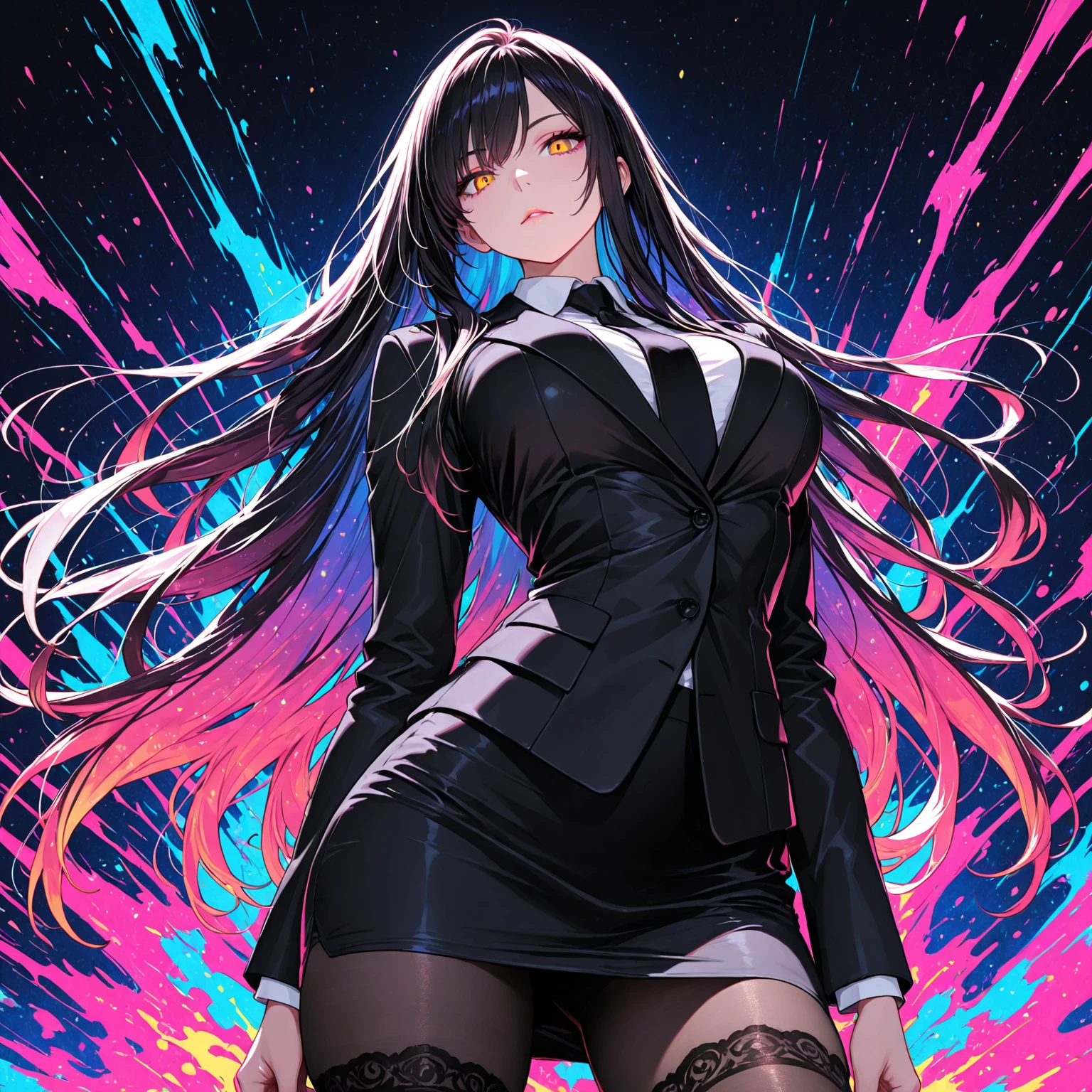 (high quality,Very detailed:1.37, High resolution), Woman, (very long hair:1.5), dark purple hair, purple eeyes, large breasts, (wetting herself:1.5), standing, business suit, necktie, (very long pencil skirt:1.5), pantyhose, (arms crossed:1.5), (embarrassed:1.5), (humiliation:1.5), (angry:1.25), (blushing:1.5), open mouth, Cyberpunk Style, Cyberpunk Cityscape, Neon Light, High-tech accessories, Meticulous details, (extremely detailed eys:1.37), Glowing LED pattern, Urban scenery, Futuristic elements, Mysterious Aura, ,Flying cars racing through the air, Holographic Advertising, Visually stunning architecture, Energetic and dynamic poses, Gives off a powerful aura, The cityscape reflected in her metallic eyes, Graceful movement amidst chaos, A moonlit sky with a futuristic hue, Pulsating Electronic Soundtrack, Enhanced Augmented Reality Overlays, Interacting with virtual objects in the environment