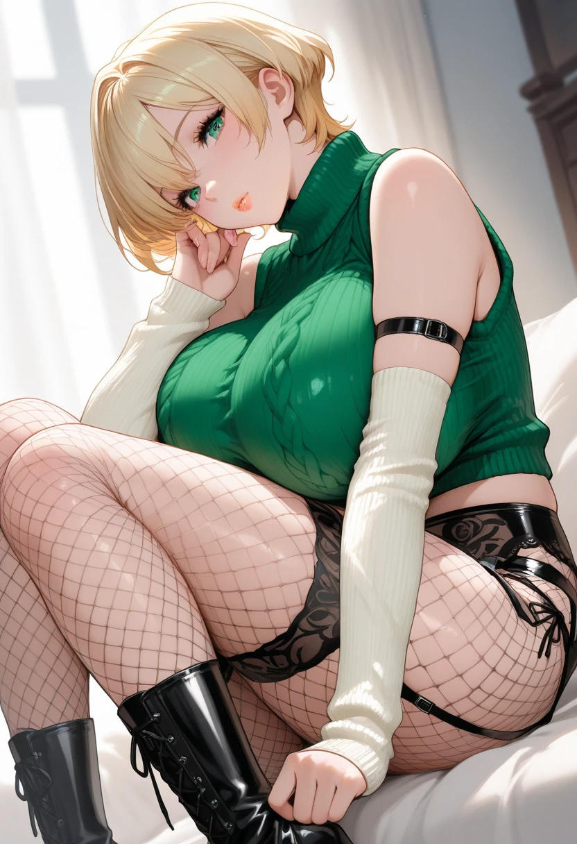 Mulhe pelada, cor de pele branca, roupa verde, cabelos ruivos peito grandes, bunda redonda, sitting on a sofa with ?????????.