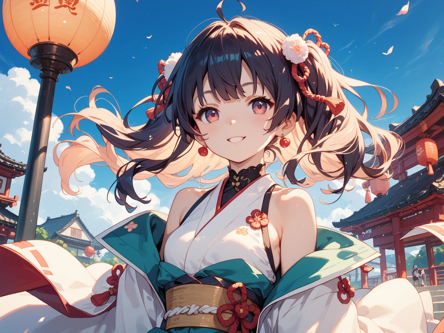 , (8k, highest quality, masterpiece:1.4), (high definition), (masterpiece)), (highest quality)))), ((super detailed)), ((illustration)),sunrise,sunlight,flying realistic whale,
one girl, short bulk hair,
landscape, scenic, high quality, high resolution,
Sunrise, Japan castle, good morning, smile, raise right hand,
