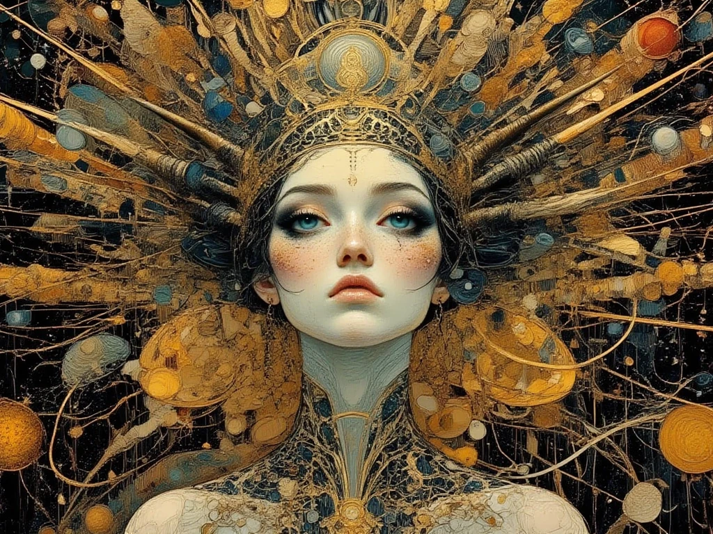 (gold leaf art:1.5)，abstract painting,goth girl，Smoky makeup,Illustration in surreal art style,Postmodern heavy metal style