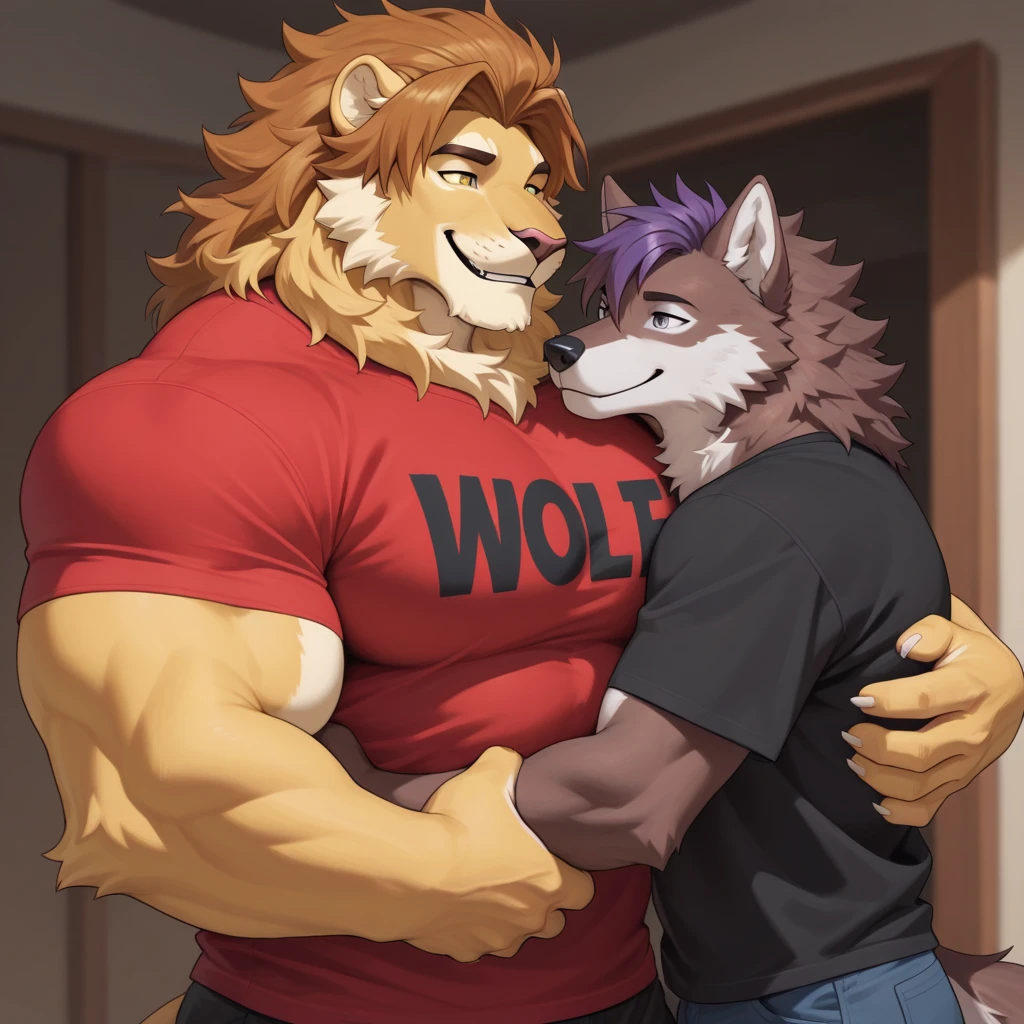 Duo, male/male, two males (((lion, muscular, broad shoulders, , clawed hands, blue eyes, tan body, tan fur, brown hair, mane, big pecs, abs, tail, black jockstrap, huge bulge))) standing, detailed eyes, detailed bulge, detailed hands, detailed arms, detailed species ((focus eyes, focus interspecies, focus separate species, focus bulge frontage, focus domestic dog)) 5 fingers, pinning, pinning against surface, from front position, facing partner, hands on hips, separate species, interspecies, inter species, kissing, bulge , domestic dog doesn’t have a mane (((domestic dog, looking shy, blue pupils, massive pecs, brown spots on legs, white body, white legs, white arms, white head, brown ears, brown spots on legs, floppy ears, folded ears, pink , brown spot around left eye, big , bubble butt, long snout, white fur, blue eyes, , no mane, no hair, being pinned to wall, back against wall, arms pinned))) perfect , accurate , , by darkgem, by mystikfox61, by glitter trap boy