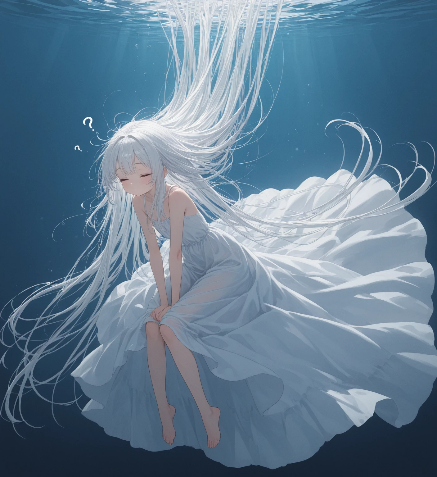Anime-style female character in water, (long white hair:), (gentle expression:1.1), red eyes, pink tank top, (rippling water effect around body:1.3), sunlight reflecting on water, clear sky, subtle water splashes, high-resolution digital art, soft color palette, tranquil atmosphere, (serene ocean background:1.1), realistic water texture

