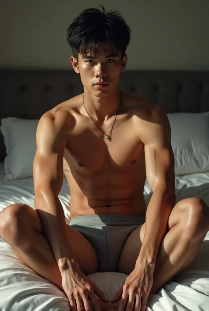 1 boy,16 years old,(touch hair:1.5),bed head,(sleepy),???????, micro ????? ,window,morning sun,sit on bed,masterpiece,best quality,ultra-detailed,High quality, high resolution,perfect ???????,detailed,beautiful detailed eyes,full arms,full hand,5 fingers , masculine boy , massive , muscular , gay focus, handsome