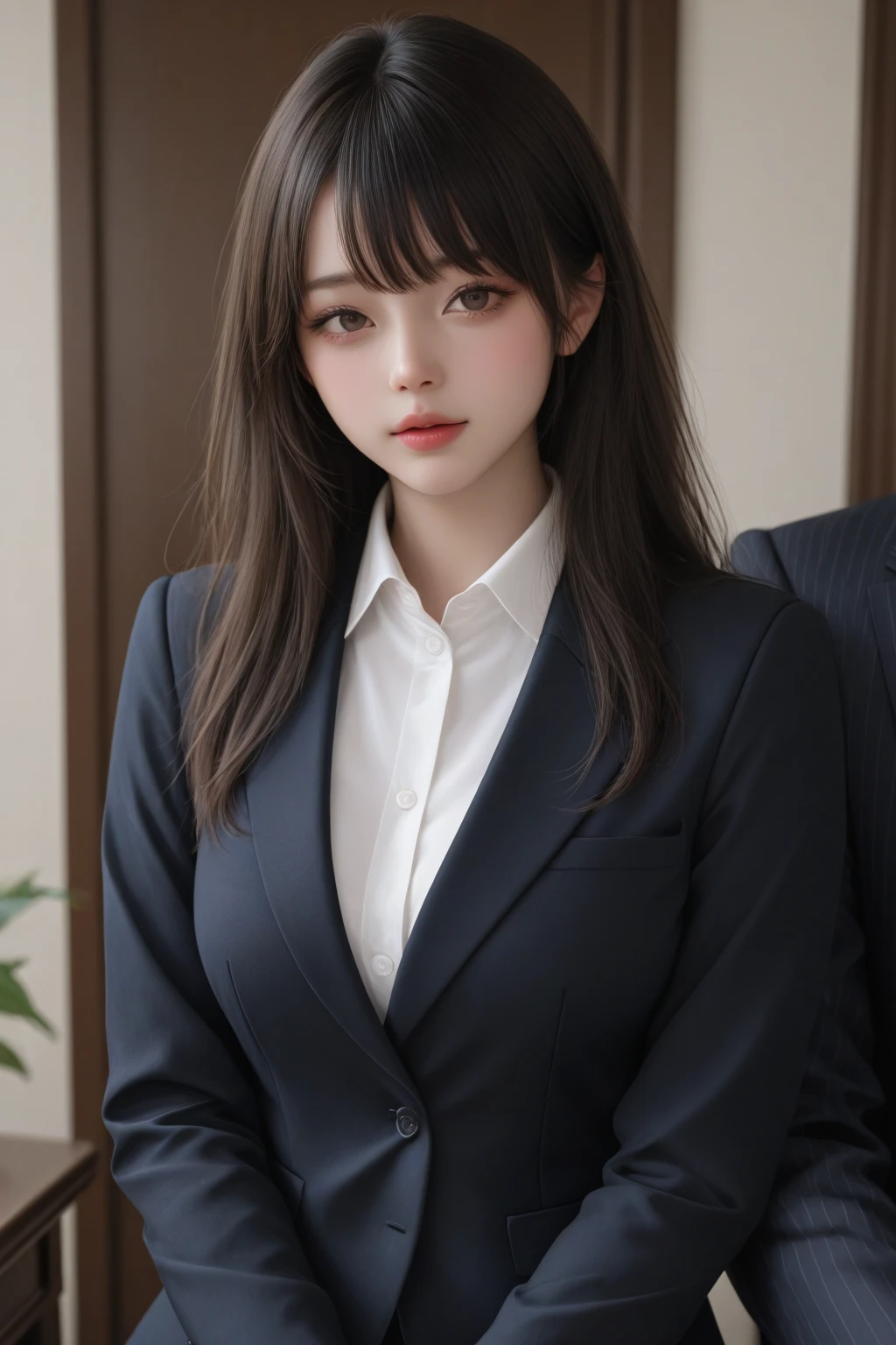 One girl, alone, pantyhose, Brown eyes, View your viewers, (オフィスレディsuit), Sit on the bed, Brown Hair, Medium Hair, Messy Hair, Asymmetrical bangs, Short Ponytail, Black jacket, blush, (White collared shirt), Black tight skirt, Long sleeve, suit, Large , , formal, smile, Black pantyhose, Beautiful girl ,8K, High resolution,RAW Photos, (Tabletop:1.2), (Highest quality:1.2), Realistic, Photorealistic, Sharp focus,Moody lighting, Blue Hour, Japanese Idols, 28 years old, expensive, Glamour, side、