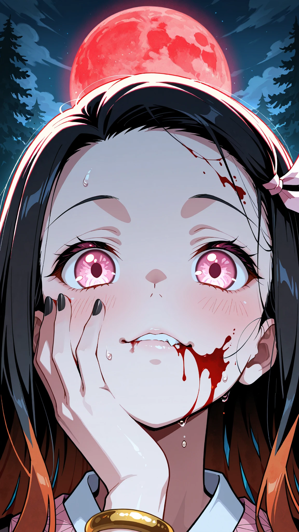 portrait of the most beautiful form of chaos, elegant, a brutalist designed, vivid colours, romanticism, by apterus, (apterus creepy :1.3), (()), rolling_eyes, ((head down)), an evil girl bathing in a pool of blood, sharp teeth, maniacal laughter, ((decay and spooky)), atmospheric, trending on artstation. 8 k masterpiece, ((symmetry)), death, decay, vengeful japanese ghost, spooky dark village