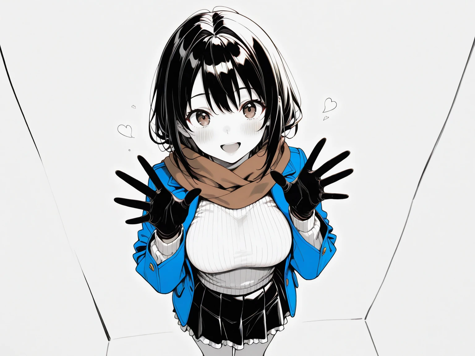 masterpiece, best quality, 1girl, mamerakkkkko, grayscale, manga style, japanese, chi no wadachi, black eyes, street, iced, black hair, schoolbag, smile, lineart, black coat, black scarf, black pleated skirt, leggins, centered, 18 years old, tall, fair skinned, bokeh background, crying, tears, tears streaming, bob cut, light particles, centered, snowing, (((reaching out a hand to viewer, perfect hand, detailed hand:1.1))
