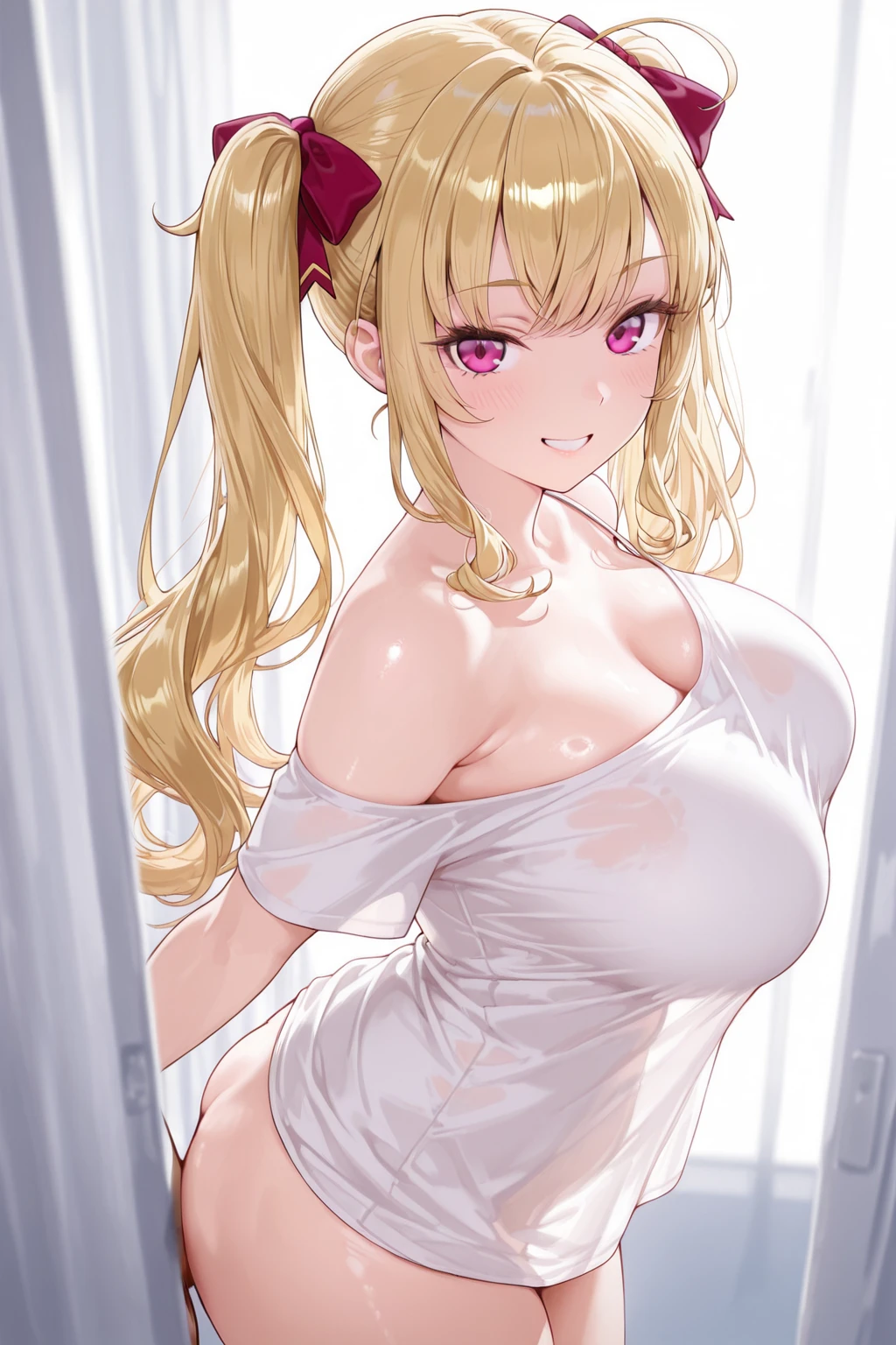 masutepiece, Detailed, Best Quality, Beautiful Girl, , stock, Troubled face, big pool (prison), blonde sexy girl 1girl in, marin kitagawa character, blonde female, Blunt bangs, Big breasts, Amused expression, Looking at Viewer, big butt, mature body, very big , dark pink eyes,  pose, big butt, full body picture, hard , fully , , cute pose, perfect detailed tits, detailed , detailed , detailed , blonde dye pink hair, cute pose, riding 