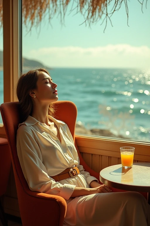 Renee Amberg, with her vibrant red curls cascading down the back of her perfectly tanned shoulders, was on a misty morning in a quaint seaside cafe, near the gray-blue sea, dressed in a stunning white jumpsuit embellished with intricate silver embroidery and a matching necklace, a hand resting on the window frame as she took a sip of her steaming cup of coffee while looking thoughtfully out at the vast ocean, capturing a moment of reflection and longing for the mysteries that lay beyond the shore.