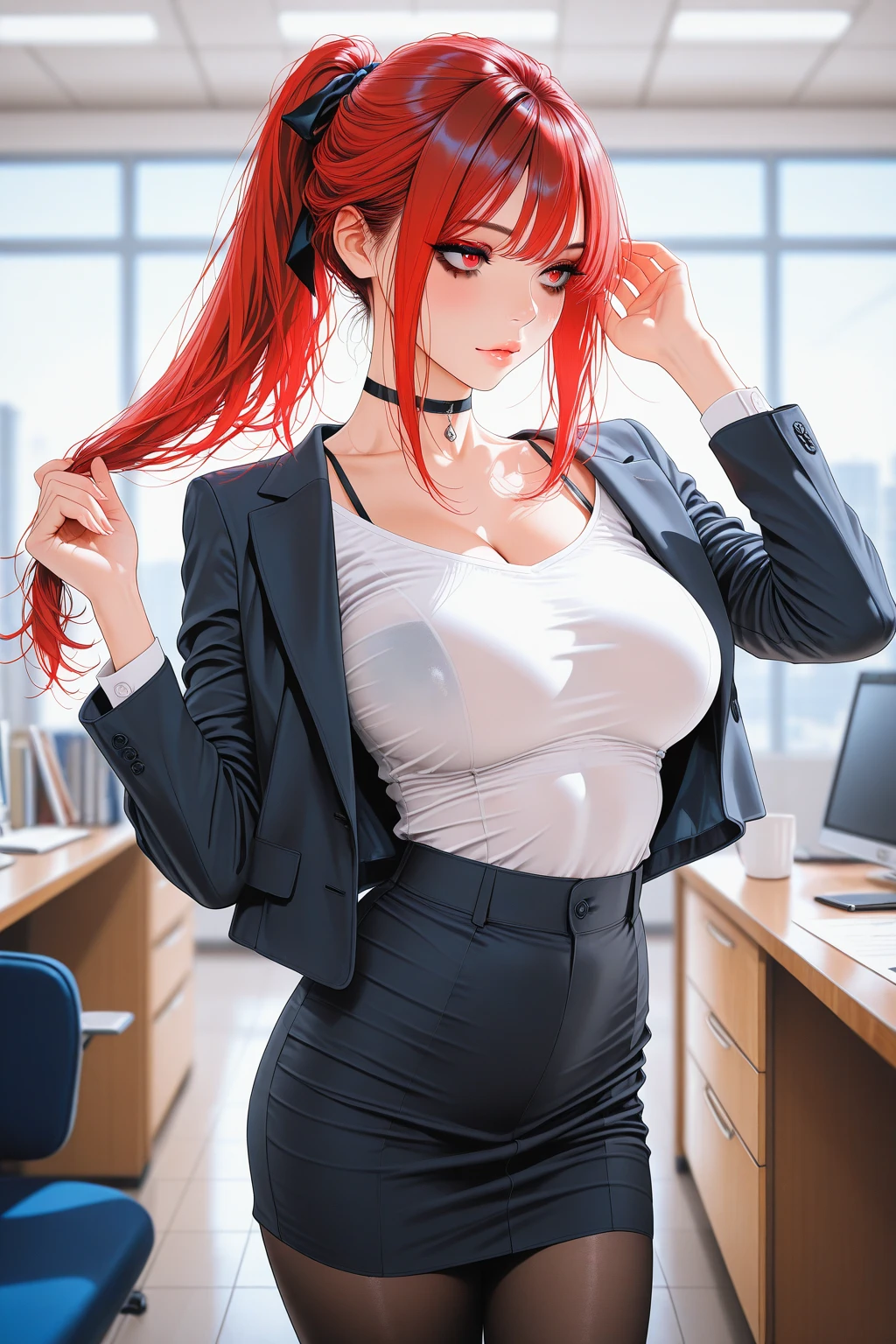 absurderes, 8K ,A high resolution, Ultra detailed, Beautiful, Masterpiece, Best quality, (Beautiful and delicate silver eyes), (1girll) ,A sexy beautiful young woman working as office OL (Office Lady),white button-down blouse，There is a collar,Black Slit Skirt,(Black pantyhose),Long legs ,Detailed legs,High heels,Side ponytail , bangs,full bodyesbian,Big breasts,cleavage,Red hair，
