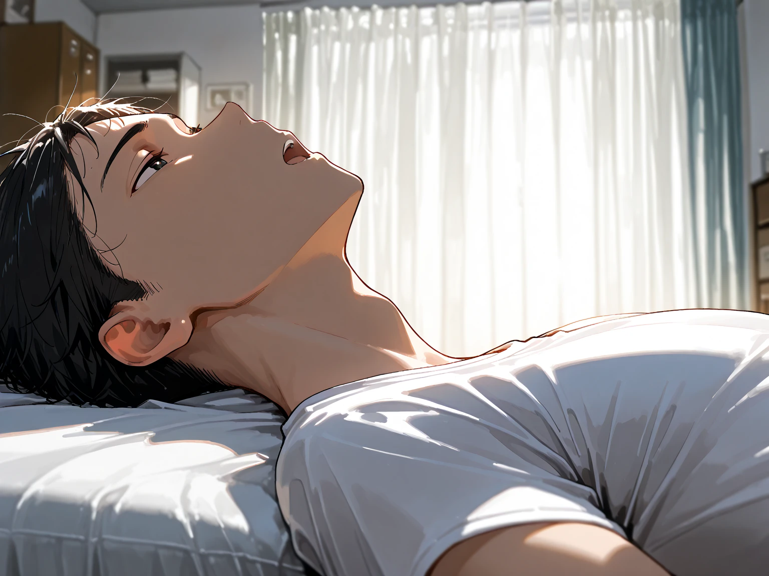 (You are sitting in front of him, with your legs stretched towards the floor and your hands at your sides (to the sides), with palms resting on the bed)