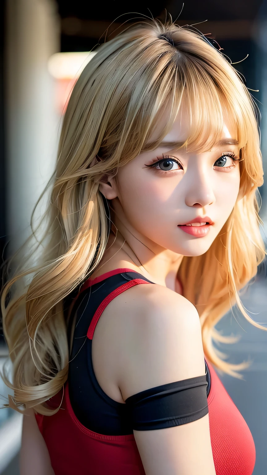 Big 、 cute looks and cute beautiful girl, beautiful and face、 Strong wind blows my hair in front of my face、 beautiful long blonde French braided hair、 beautiful, cute and eyes hidden behind long bangs