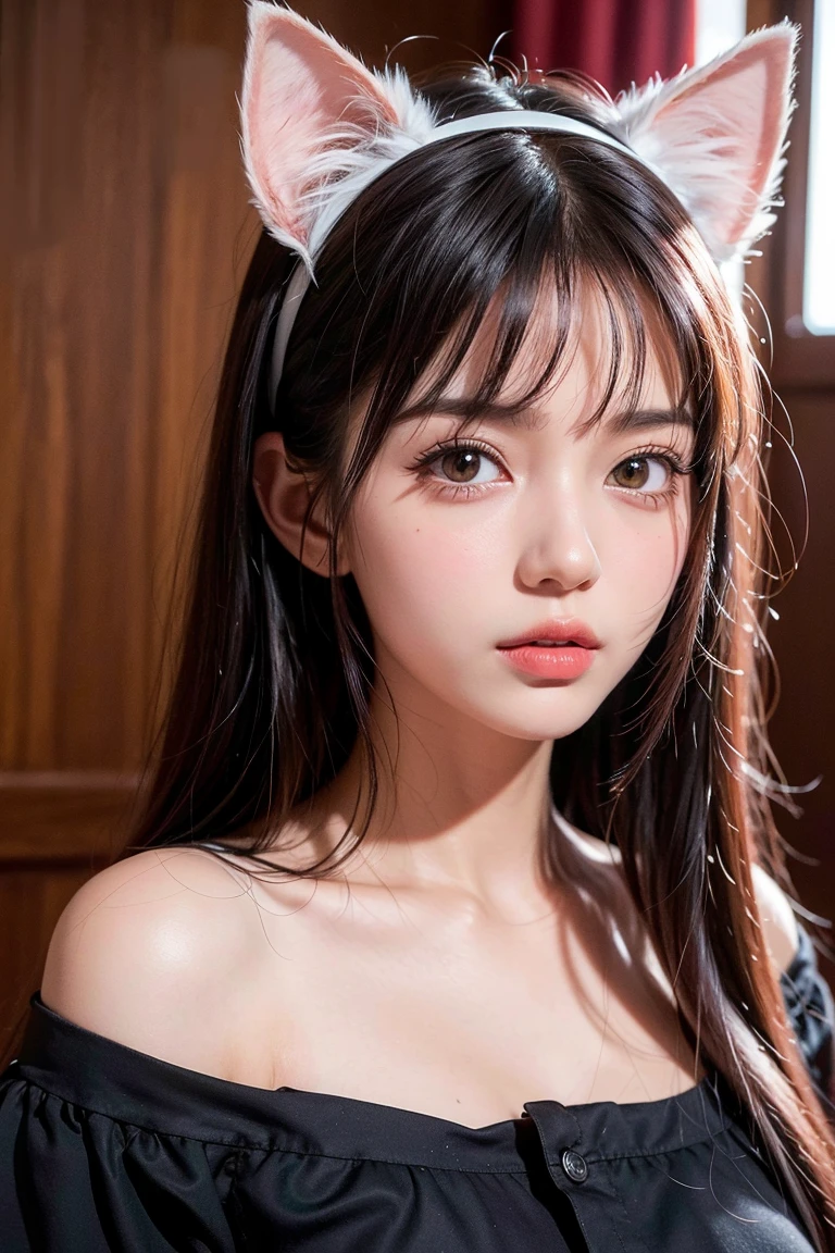 , 8k, High-level, absurd, masterpiece, best quality, primitive, very detailed CG, very detailed wallpaper, perfect lighting, Extremely detailed (((The personifying " キャットウーマン " as a Little Girl))), MysticSight, Tyndall effect, Tyndall scattering, Studio gray background with (many Dazzling RainbowColor particles BokeH:1.28), (RoundlyButts, ThighGap), (:0.4), (Assfocus with looking ahead), BREAK (NOGIZAKA face variations) Extremely Detailed very KAWAII face variations, perfect , Childish, captivating gaze, elaborate detailed Eyes with (sparkling highlights:1.28), long eyelashes、Glossy RED Lips with beautiful details, Coquettish , Rosy cheeks, Radiant PearlSkin with clear transparency . { (Dynamic LifeLike expressions:1.4) | :d) }, (large eyes:-1) .