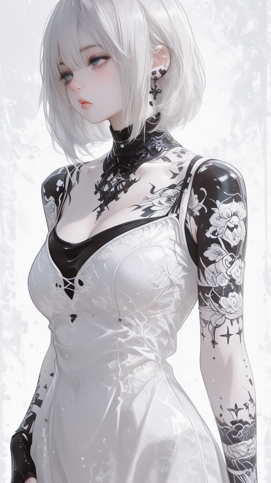 (((Gray Hair))),(((White Hair))),Perfect Style, Beautiful Face, Highly detailed face and skin textures, (Maximum resolution: 1.2), A beautiful woman, Height: 167cm、Weight: approx. 40kg, Hip Up, jewelry, (((She has many tattoos all over her body)), Streetwear, I'I am working out at the gym, Shorts, High heels, (((Narrow waist))), ((Large ))