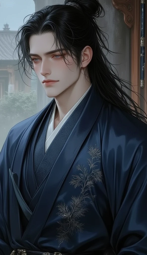 warrior,young man、juvenile、long hair,Hanfu,robe,Handsome Face Shape,handsome man、lively
