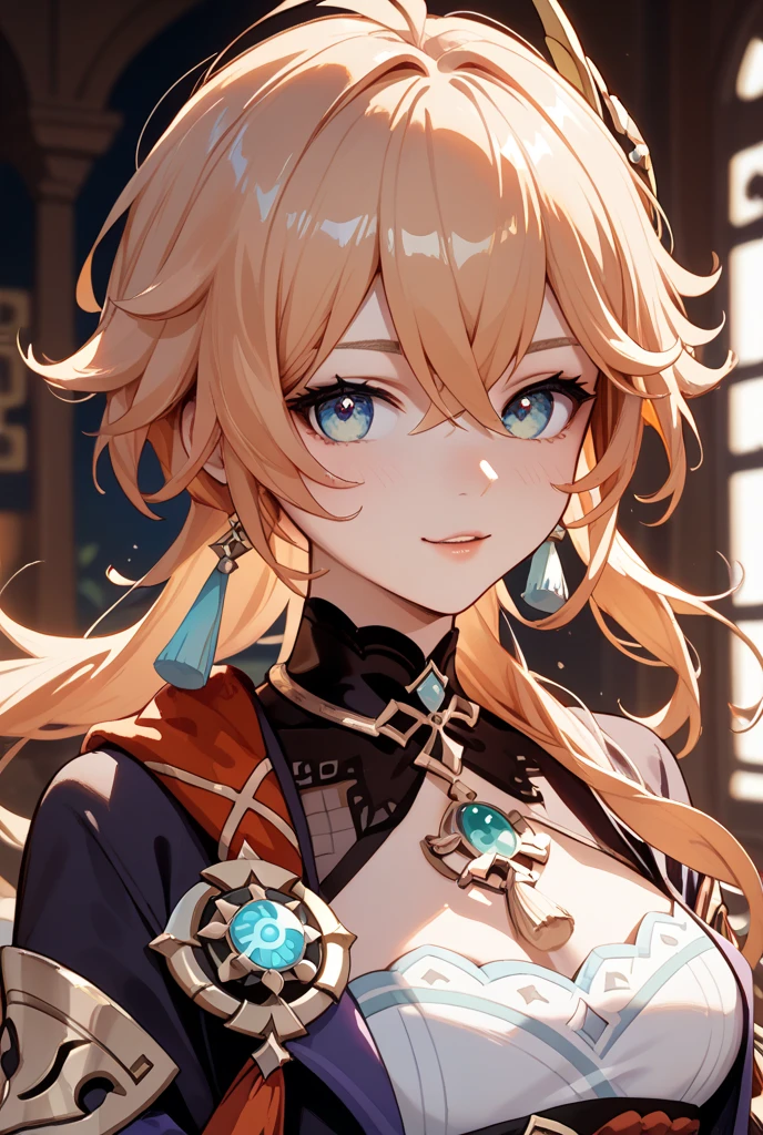 top-quality、tmasterpiece、Very high resolution、super high image quality、High-quality pixels)、perfect eyes, perfect face, perfect body figure，solo，(one woman: 1.3), 8K, (extra-large breasts:1.3)，(Detailed description of hair), (Detailed description of face),(Detailed description of body), fair and clear skin, matchless beauty, long legged, (long light brown hair:1.3), hair between eyes, detailed three-concentric-circles eye, shirt, single earing, mild ssmile, black coat, fur trim, casino inside, jewelry, cowboy shot