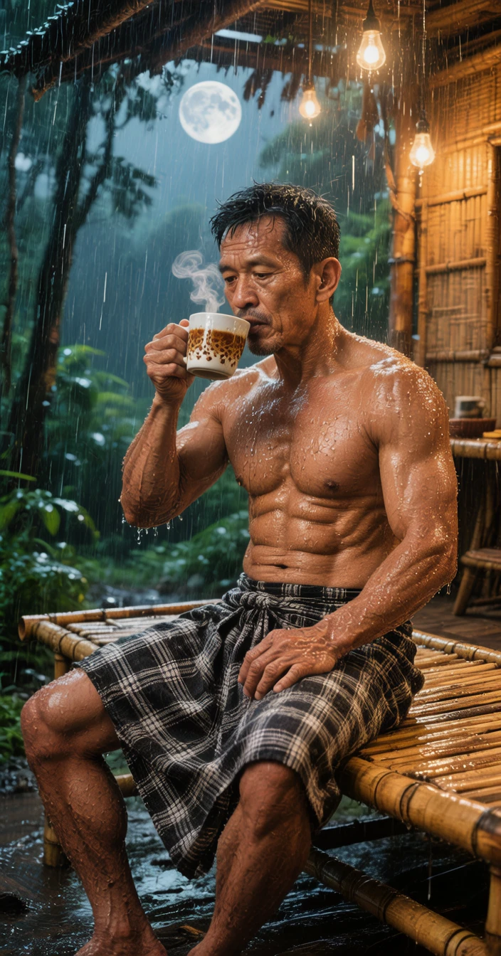 a 38-year-old Japanese former rugby player wearing soaked white brief sit by the mountain stream. his legs spread a part  stocky chubby thick 　short beard　very short hair　rain　big bulge of 　 