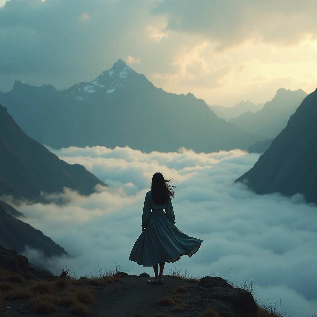 A huge girl stands in the mountains at dusk、JK uniform swaying in the wind。a sea of clouds spreads under her feet、Mountains in the distance々Against the background of、A scene that makes you feel a mythical sense of scale。sunlight dyes clouds、creating dramatic shadows。