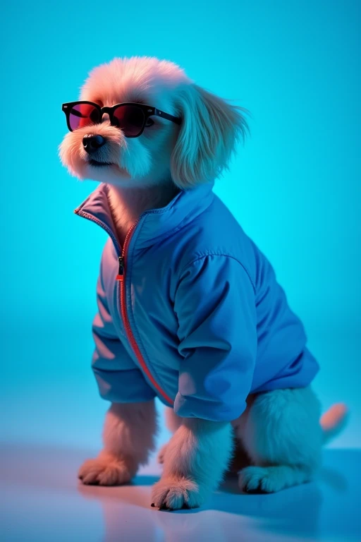 The best mobile wallpaper，Award-winning wallpaper，Photo photography，Front view is a  dog，Wear mid-1960s space age fashion，Side view photo，shot with Canon EOS R5，Set strong contrasts to highlight the theme，fluorescent blue tone，Wear a very modern jacket and sunglasses，Modern style from the 1960s，Clothes all in one color，Beautiful background