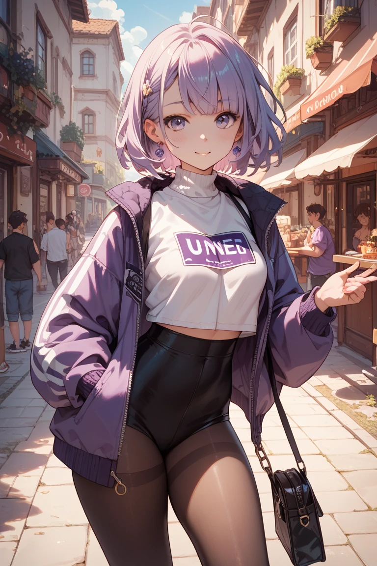 (masterpiece, best quality:1.5), (ultra detailed, high resolution, 8k, beautiful detailed, UHD, best ), 1 cute girl, purple hair, medium breasts, sleeves past fingers, Flared skirt, boots, blank expression, headphone, Hoodie