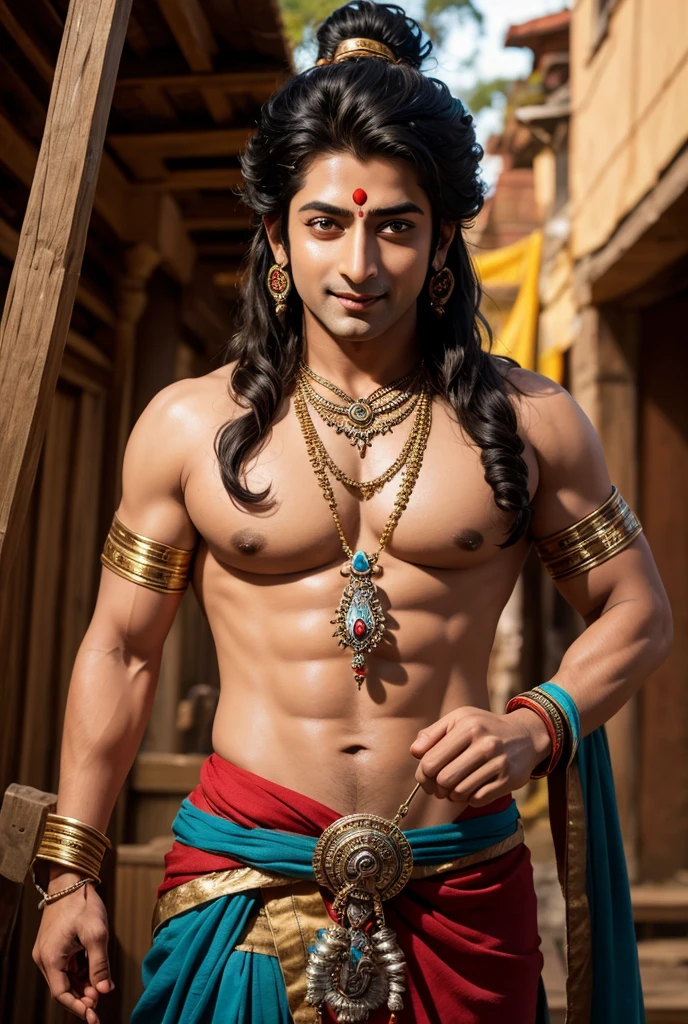 A sexy indian man wearing costume of lord krishna,,ass, handsome face 