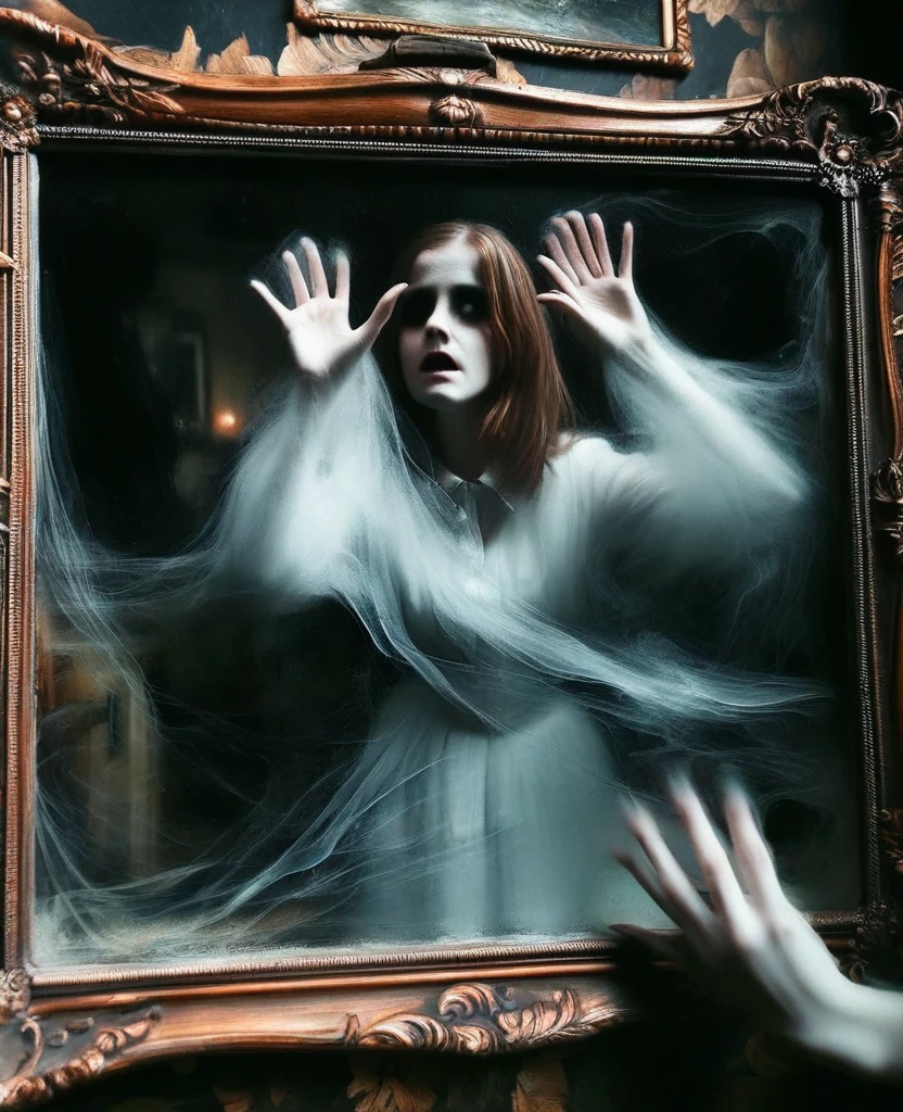 "Indonesian ghost woman", "description": "A
depiction of a ghostly woman from Indonesian folklore
with long, messy hair covering her face, wearing a white
long dress.", "tags": [ "Indonesian ghost", "horror",
"folklore", "supernatural" l, "camera": "close-up shot",
"artstylen: "dark and eerie", *lighting": "dim and spooky",
"colors": "pale and ghostly", "emotion": "haunting and
unsettling", "background": "Haunted house",