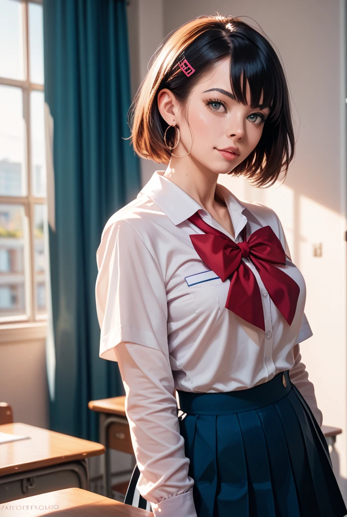 ((masterpiece)),(perfect ),((best quality)),((ultra-detailed)),(illustration),(high resolution),((Latina)),((strong dark skin)),((gyaru)),((stylish)),((gorgeous)),((semirealistic)),((dark skinned girl)),((Feminine)),(((comic aun))),(((misaki kurehito))),((dutch angle,standing,various shot)),(perfect hands),(delicate and beautiful),(beautiful detailed eyes),female only,8k wallpaper,(high quality artwork),detailed face,beatiful face,((misaki kurehito like face)),masterwork,best quality,incredibly absurdres,hyper intricate,extremely detailed girl,vibrant eyes,ray tracing,((vibrant colors)),detailed legs,((detailed sailor style school uniform)),((detailed black socks)),((mini pleated tartan check skirt)),smirk,indoors,school background,extreamy,sunshine,((multicolored streaked very short hair)),((various very short pixie hair)),highest quality,80mm,ultra detailed,8k,4k,intricate,highly detailed,ambient light3,cinematic composition3,HDR,Accent Lighting,original,highres 