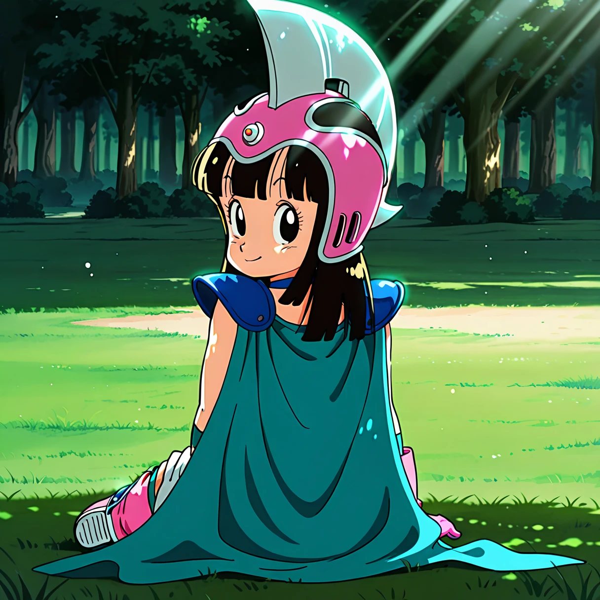 fountain_cheered up, score_9,score_8_above, score_7_above,  ginedb, cheered up screencap, 
1 girl, Alone, old, looking at the viewer, Open mouth, is, black fur, sand,  shoulders, medium old, clavicle, aboveper body, dientes, black eyes, tearing above, eyelashes, pink wristband, d:, saiyajin armadura, green skirt, Eyebrows, green saiyajin armadura, Moonlight,   showing to viewer