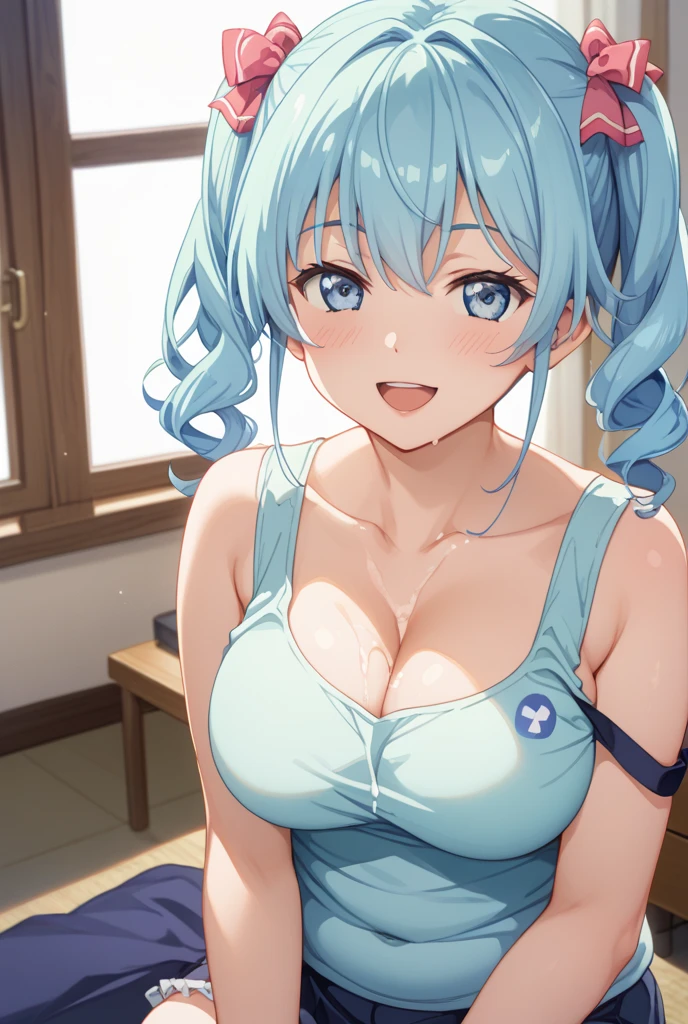 score_9, score_8_up, score_7_up, BREAK from front:1 ,,(girl sit on chair,on your back,),,1girl,bulma, blue eyes, blue hair, shoulders, belt, cleavage, hair bobbles, hair ornament, hair over shoulder,medium breast,midriff, navel, one side up, red tube top, shorts, side ponytail, (strapless, tube top,under_boob:1),looking at viewer, expression,smile,masterpiece, best quality,  detailed body, highly detailed, anime coloring.anime,[anime_screencap:0.8] , highly detailed,