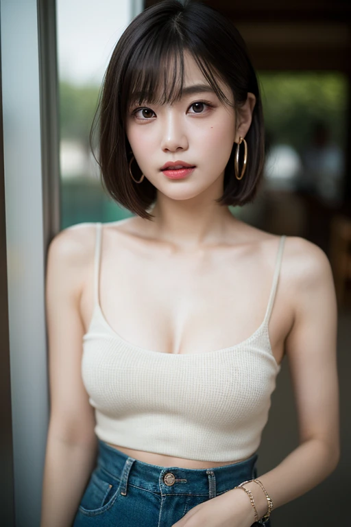 8K, RAW Photos, Fujifilm, ((Highest quality)), ((masterpiece)), (detailed), ((in the Athletic stadium )),((one girl)),長い髪と白いトップを持つアラフェアジア人woman, (no ),美しい韓国人woman, 美しい若い韓国人woman, Young and adorable Korean face, ゴージャスな若い韓国人woman, Korean Girls, Girl cute beautiful face, 韓国のwomanアイドルの肖像, Young and pretty Asian face, Cute natural anime face,Asian pretty face,((glistening eyes)), glistening eyes ,large eyes, pretty eyes,(()),(detailed),Perfect Face,((One girl)), ((clear eyes)),(scrawny：weight1.0〜2.0)iris, Elevation, space, (Natural Light), Dramatic lighting, Chiaroscuro, Emotional depth,woman,(()),((show off )), ((flat chest:1.4)),,slender, (a short bob),(well-groomed hair),delicate,Small breasts,((Small breasts)),the body is slender,Beauty,Beauty,4K quality,Young face,Big eyes,Brown eyes,Perfect Face, 17years old,breasts are very small,Model Body Type,Cute Face,Pink ,Symmetrical eyes,Glowing eyes,Natural smile,((Always show your boobs)),((Gaunt)),beautiful,((a short bob)), ((half body)),(  models hoot style),((intricate choker necklace)), (embarrassed blush:1.3),,(steam:0.8),(wet:0.8),(sweat:0.8),(trembling:1.3),(parted lips:1.4),(harf open eyes:1.6),(feeling weak:1.5), (lips),(intricate earrings),(()),((woman posing for a photo)),Photo from the waist up, Fine-boned face