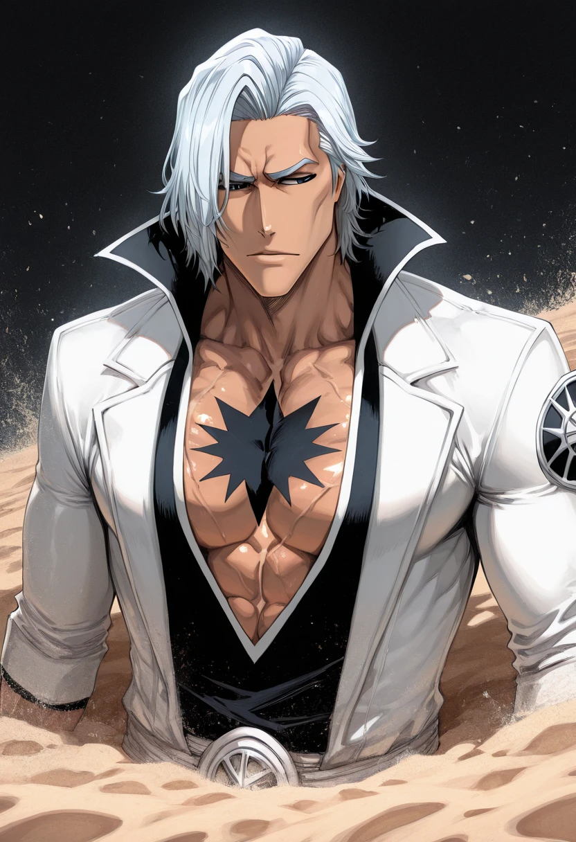A handsome male, he has white hair, almost always disheveled, and always combed up, like the hair of the character Satoru Gojo from the anime Jujutso Kaisen, but he has a certain look to him. He is tall, with broad shoulders, muscular. His face is very masculine, but he has really kind eyes. Extremely attractive crystal blue eyes, a  face. The eyelashes, as well as the hair and eyebrows are white as snow, but without being exaggerated. large bulge. pants pants. black high collar shirt, a very attractive man. 