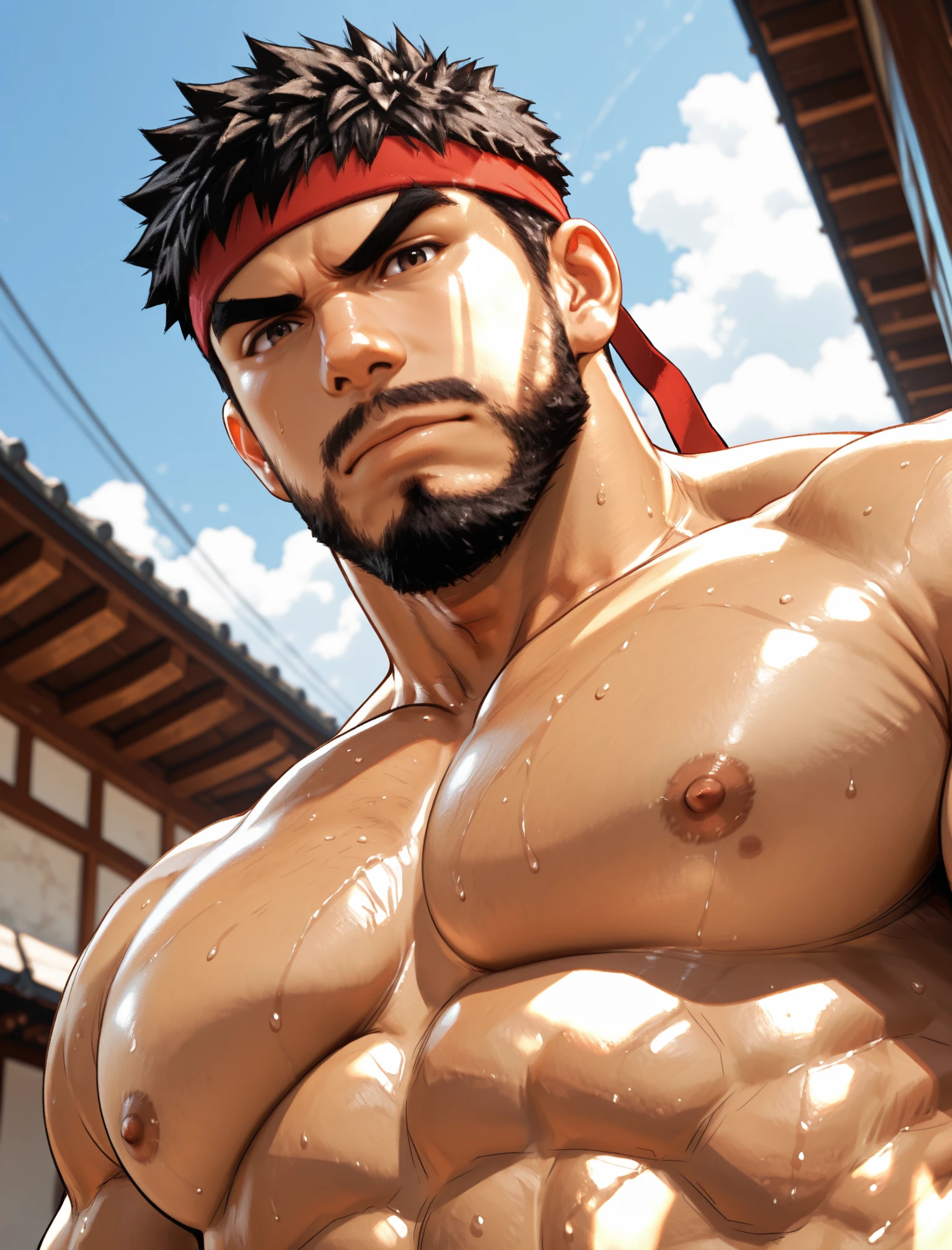 High Definition 3D Ultra HD 8K,,masterpiece、highest quality、bold composition,(karate uniform,red headband :1.2), pov,(25-year-old male),male focus,,lying,abdomen,open your lges,muscular male,toned,toned male,big pectorals, Street Fighter,Ryu, 、black hair, (detailed face,closed eyes,叫んでいる、,blush、:1.2)、city、lying,(,.:1.5),Sweat、vapour、glowing skin、Strong muscles、projectile ,