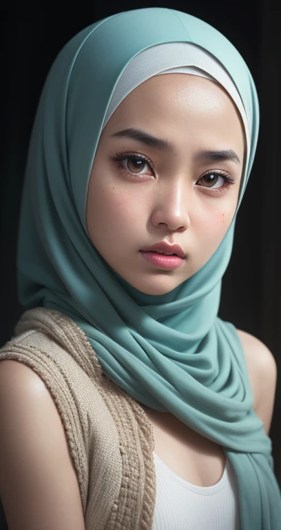 1 javanese girl, beautiful detailed eyes, beautiful detailed lips, extremely detailed face, long eyelashes, shy expression, wearing blue pastel , modern plain hijab, medium portrait shot, proportional body, watery eyes, glowing particles, light bokeh background, cinematic lighting, soft color palette, dreamlike, highly detailed, photorealistic, 8k, best quality