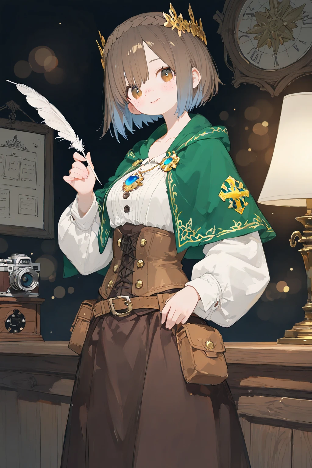 (master piece:1.3, best quality:1.3, ultra detailed:1.3), CG, 8k, illustration, kind face, kawaii, 1girl, solo, shiny hair, shiny skin, (malachite green very short hair, forehead, side ponytail), BREAK, charcoal gray eyes, BREAK, (Standing Upright), natural hand poses, (shoot from front:1.2), (looking at viewer:1.2 ), (full body:1.4), 1.6m talls, small :, medium :, (slim), BREAK, (adventurer's guild guide:1.3), military dress, skirt, ankle boots, BREAK, (fantasy world:1.4), (indoors, inside the adventurer's guild receipt:1.2), (quest board:1.2)