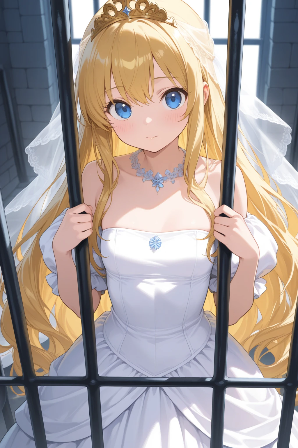 (masterpiece:1.3),(best quality:1.2),8k,absurdres,unity 8k wallpapper,(extremely detailed:1.3),highestres,(prison:1.2),1girl, solo, long hair, blush, smile, blue eyes, blonde hair, large breasts, hair ornament, gloves, dress, cleavage, hair between eyes,  shoulders, medium breasts, very long hair, closed mouth, collarbone, upper body, flower, wings, choker, elbow gloves, tears, white gloves, hair flower, armpits, , white dress, blurry, arms up, collar, torn clothes, strapless, chain, bound, , crying, white flower, , letterboxed, messy hair, strapless dress, restrained, crying with eyes open, wedding dress, bound wrists, sad, cage, chained
