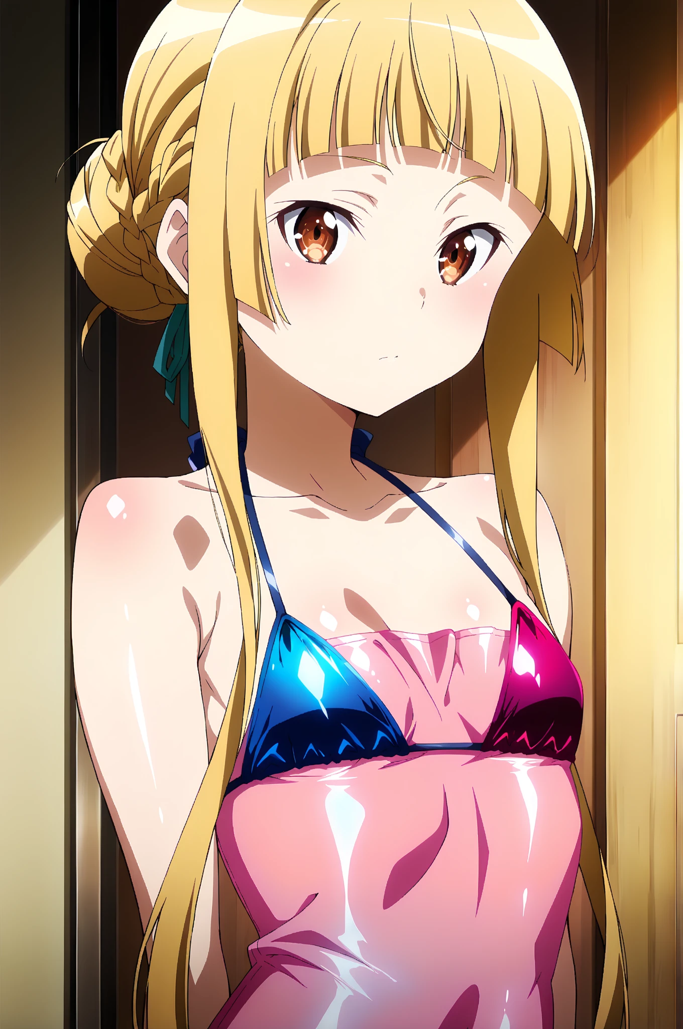 pov, 1girl, iori, halo, swimsuit, ??????, sunglassess, sitting, (shiny skin:1.1), oiled skin, beach side, daytime, blue sky