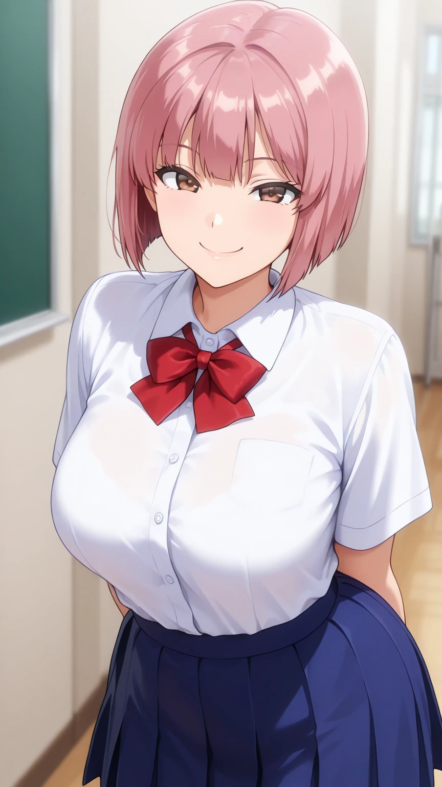 highest quality, masterpiece, High resolution, 1 girl, yuigahama yui, pink hair, bun hair, short hair, white collared shirt, smile, (blush), big, In the classroom, (Use both hands to press your breasts together from below:1.5), white shirt, big, smile, blush,  (big胸:1.5), (Close-up of the chest)