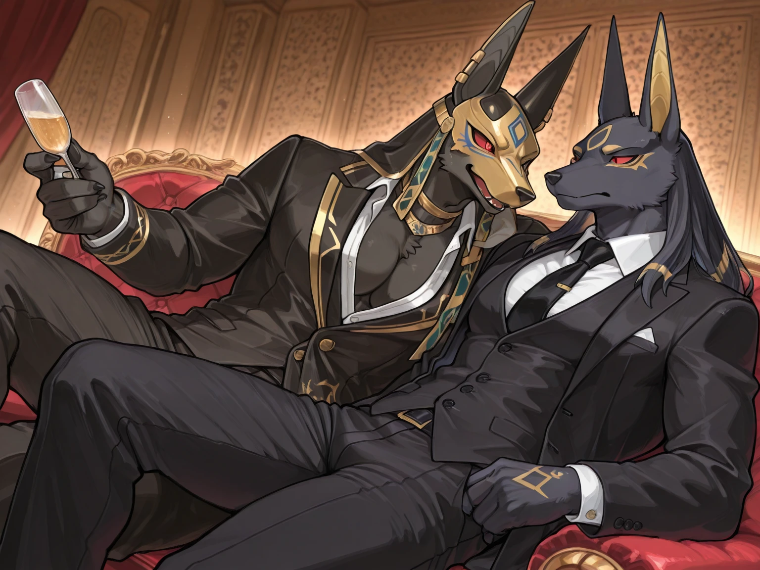 One-piece 、Fastening bandage、Binding a bandage、wrapped in black mucus、Wrap a mustache、mummy、Anubis Beast Costume、tights、(Overflow of the ....),One  press, the other..，, life、Correct body、Correct limbs、detailed full body、drooling、Top of the bed