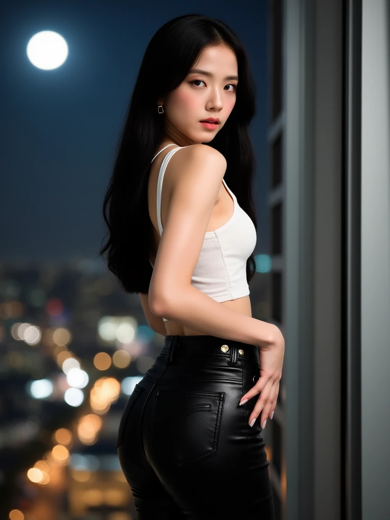 a cute young asian girl with dark skin, beautiful detailed eyes, beautiful detailed lips, extremely detailed face, long eyelashes, wearing tight blue jeans, tight black crop top, mid sized butt, high heels, looking at camera, detailed background, cinematic lighting, warm colors, photorealistic, 8k, high quality, digital art