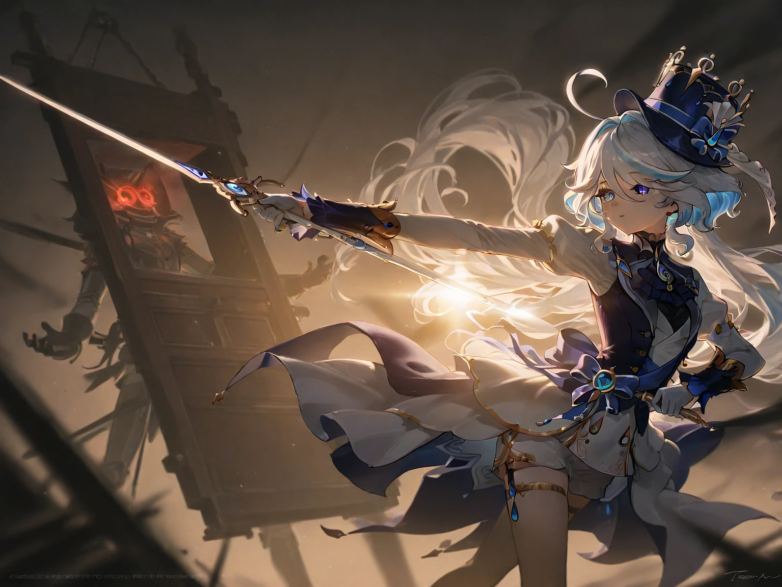 masterpiece, best quality, JingliuV5, 1girl, solo, gloves, gloves, dress,  shoulders, closed mouth, boots, sky, black gloves, black footwear, blindfold, night sky, full moon, elbow gloves, armpits, arms up, ((chain, bound, restrained:1.3)), sitting, wariza, night, starry sky, sky, cowboy shot, view from below, far shot