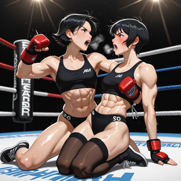 Two beautiful high school girls mixed martial artists covered in blood。I'm punching with all my might。fighting violently。Suffering from damage。Mouth open and dripping blood。With one eye closed, it seems painful。Fighting inside the Octagon。I'm soaked in sweat。open finger gloves。sports 。bikini。 。black hair short cut。