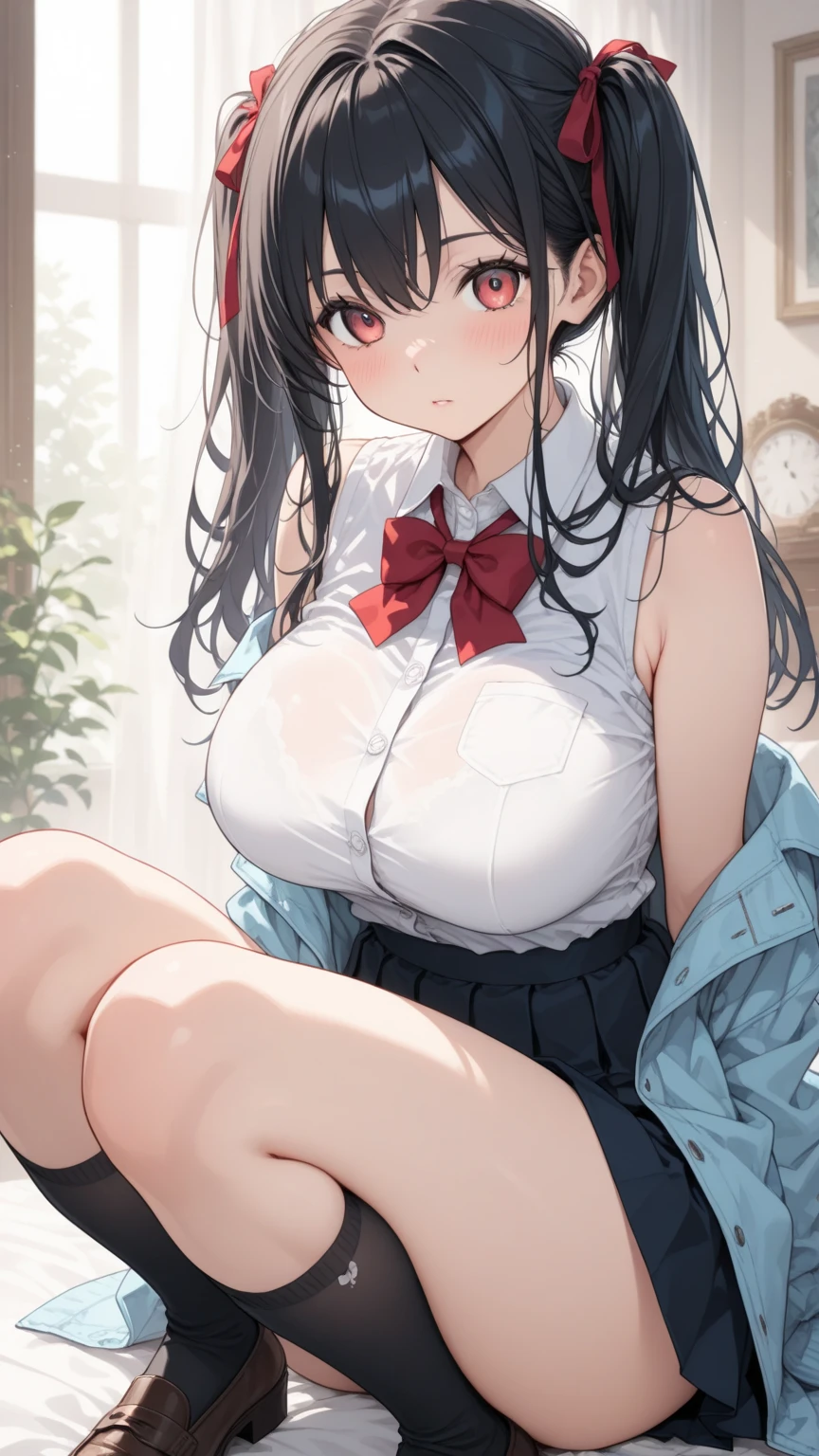 highest quality,wonderful,finely,extremely detailed CG unity 8k wallpaper,1 Girl, Large Breasts,(school uniform:1.3), Watching the audience, Put your arms behind your back,Black Hair, Glasses, Green Eyes,Twin tails, highest quality,Super detailed,unity 8k wallpaper,Game CG, sleepy, (half-closed eyes:1), (ohogao:1.3), heavy breathing, open mouth, frown, (motion lines, trembling), kneeling, upturned eyes, tears, cumdrip, ,(lying on bed:1.5),(),(lying on back:1.3),tongue out,,,  (A lot of  is overflowing from the  opening:1.3),(:1.3)