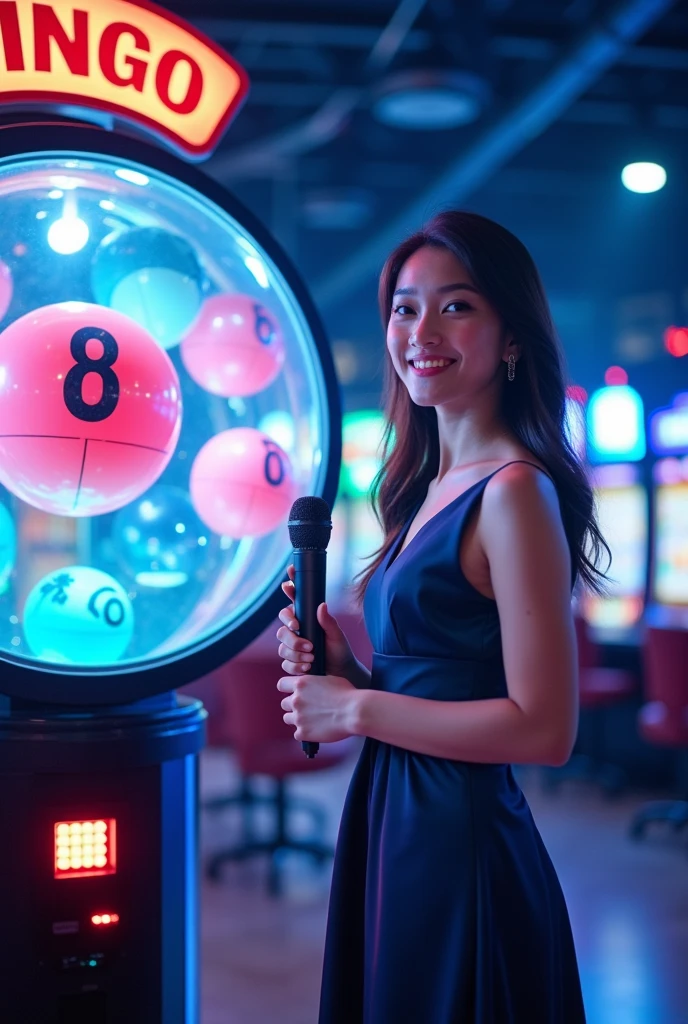 raw photo , 8K, ultra detailed, (realistic:1.2), (1girl), (laugh:1.5), (round face), (black camisole), (:1.3), BREAK (light green neon ball:1.5), (pointing at viewer:1.3),(dark room:1.5)