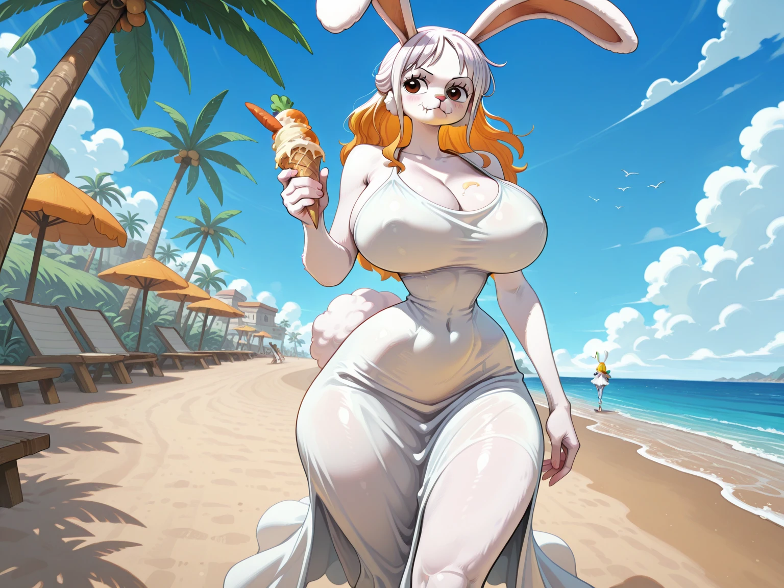 ((anthro pony applejack)), score_9, score_8_up, dream prompt:score_9, female beautiful, detailed cute face, blushing, pink bikini, ,  breasts and , huge breasts, beach, sitting, beach chair, sunbathing, hyper , detailed breasts and , detailed , hyper realistic, hyperrealistic, huge ,  huge , huge 