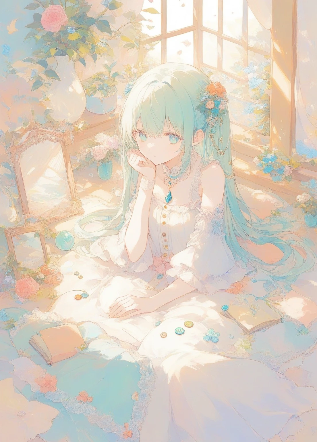 (masterpiece, best quality),1girl with long white hair sitting in a field of green plants and flowers, her hand under her chin, warm lighting, white dress, blurry foreground