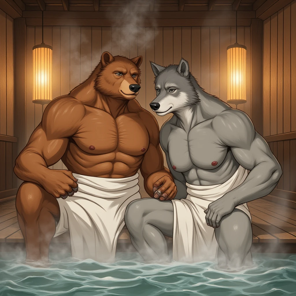 Polar bear, man, , muscular, big belly, very embarrassed, small  covered by  and big , holding on to his , Sitting in the water, Hot Springs