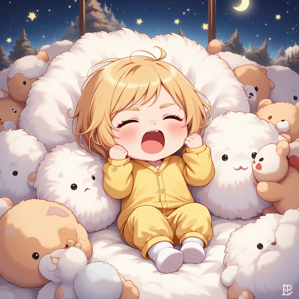 1 little baby girl, alone, looking at the viewer, blushing, short hair, closed mouth, brown hair, white dress, yellow eyes, short sleeves, lying down, on her back,\(symbol\), white dress Night, No cradle star,