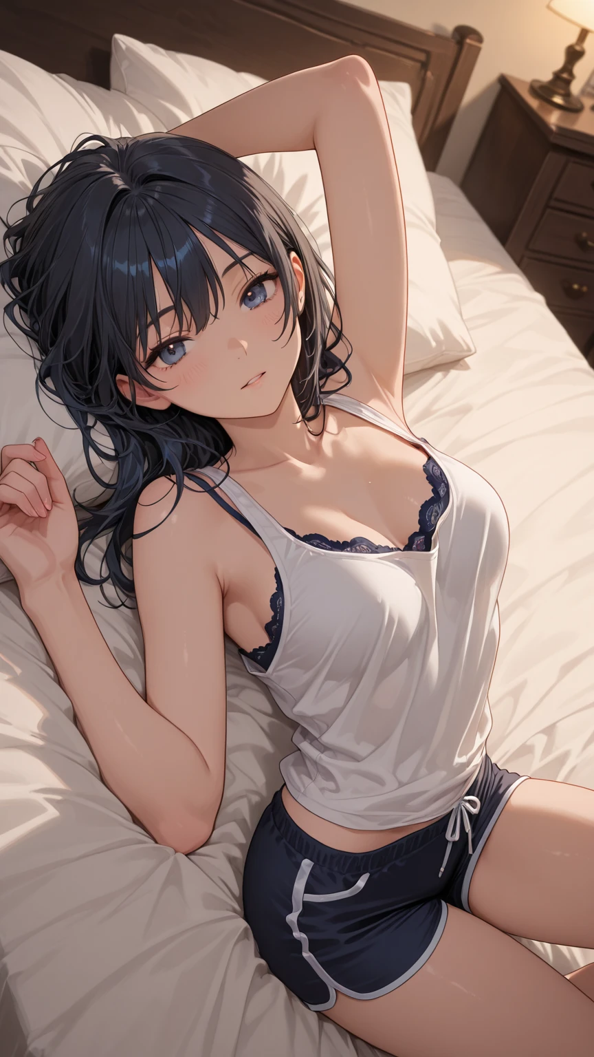 hight resolution, top-quality,  ultra-quality, The ultra-detailliert, lighting like a movie、Girl in a camisole and panties、Mare、Wearing sweat、full of sweat、Wet camisole、